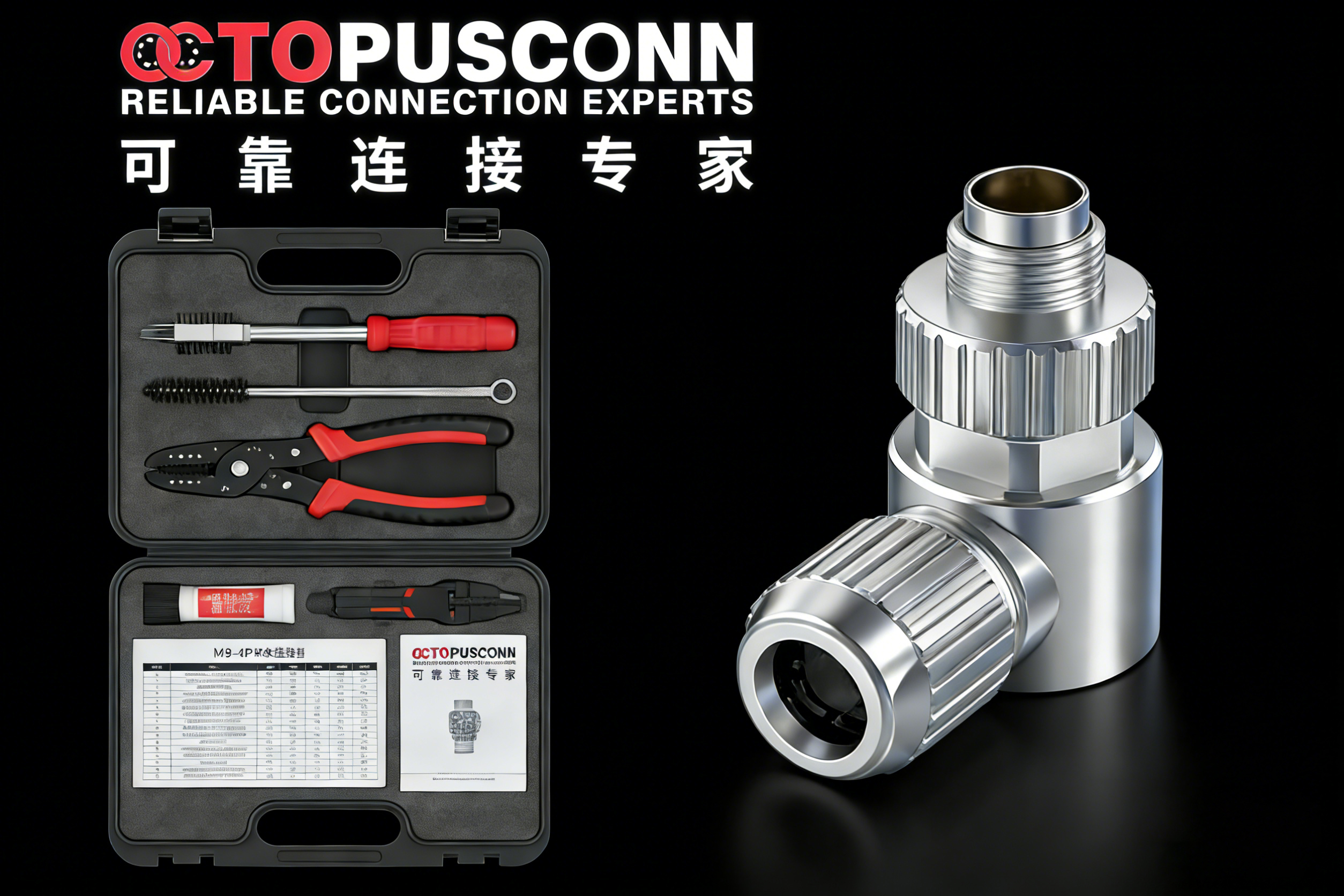 OctopusConn M9圆形连接器安装工具包展示-含扭矩扳手/清洁工具/品牌配套工具